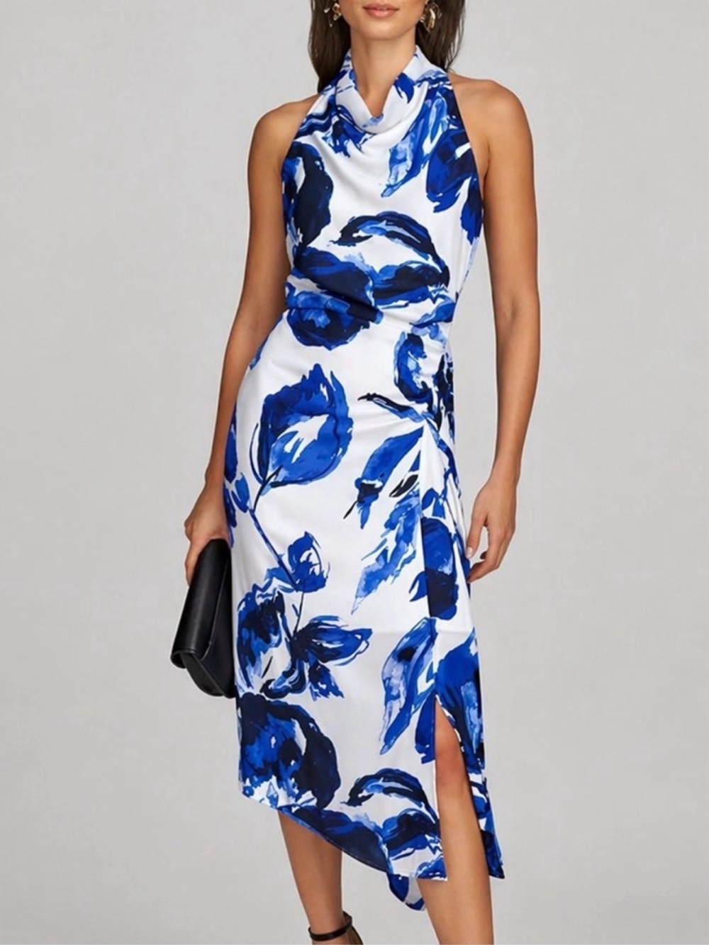 Donna Karan White One-Shoulder Floral Midi Dress with Blue Print